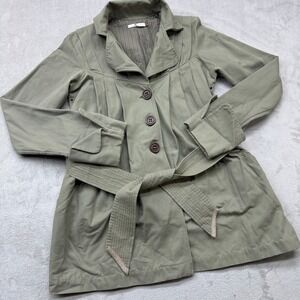 Mike & Chris Trench Coat Women's Large Jacket Olive Green Belted Pleated Utility